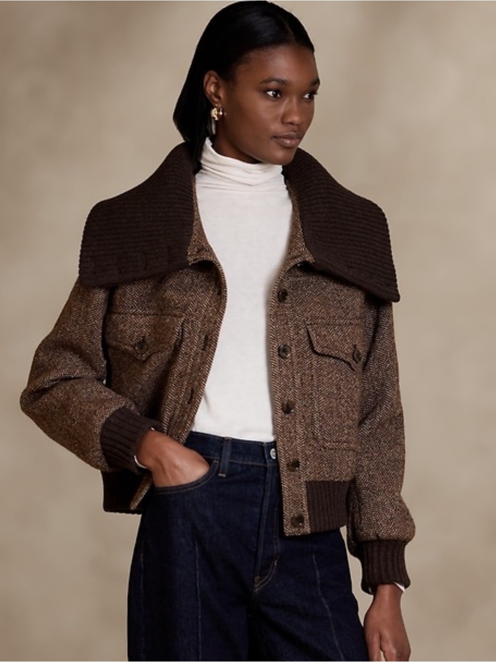 Banana Republic AVA TWEED BOMBER Wool Blend Cropped Jacket Ribbed Collar XSP